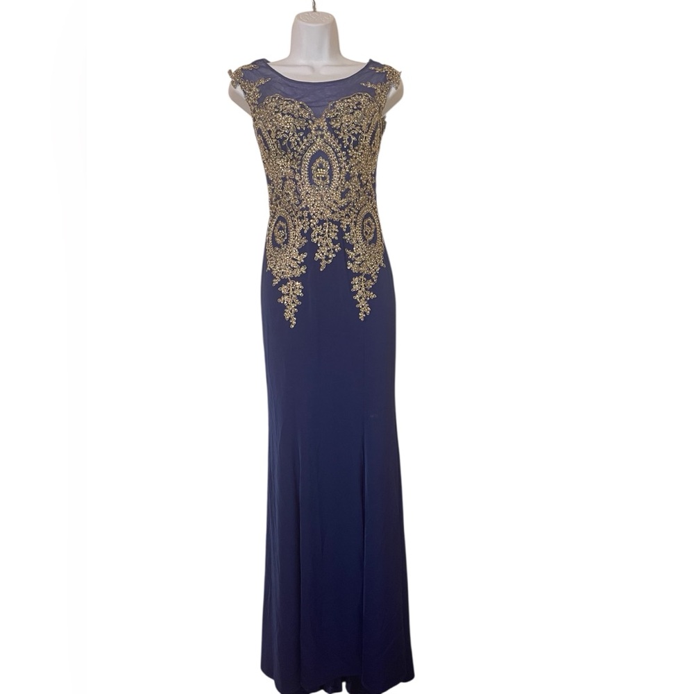 Elegant Navy and Gold Evening Gown
